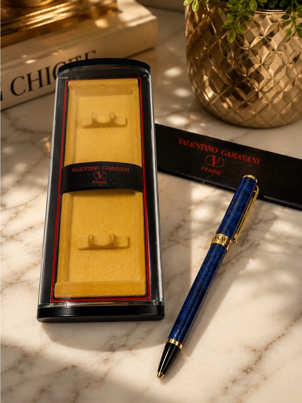 Valentino Garavani Vintage Blue Marble Ballpoint Pen w/ Original Display Case